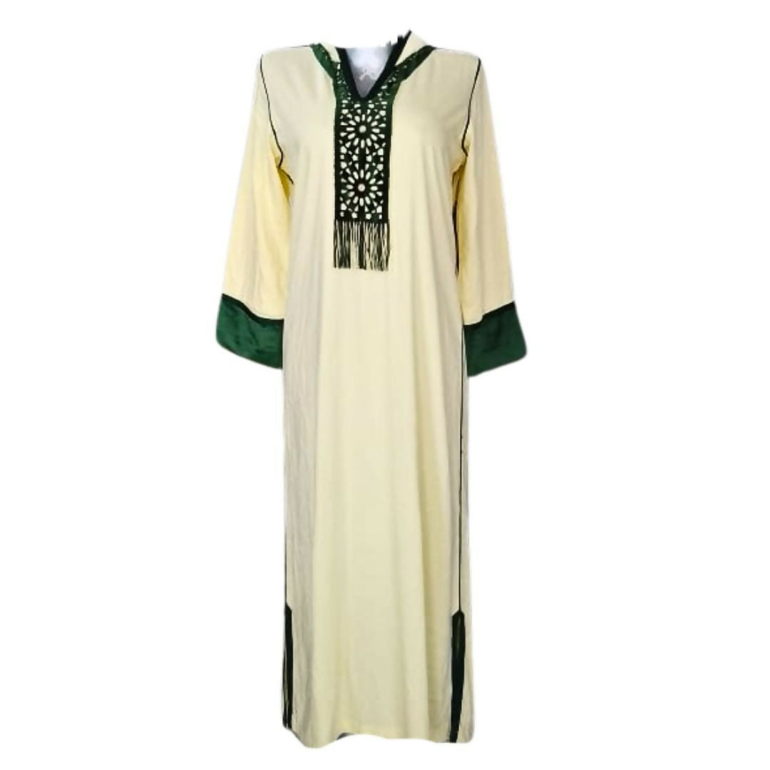 Elegant Moroccan Jellaba with Rectangular Pattern - Cream and Green