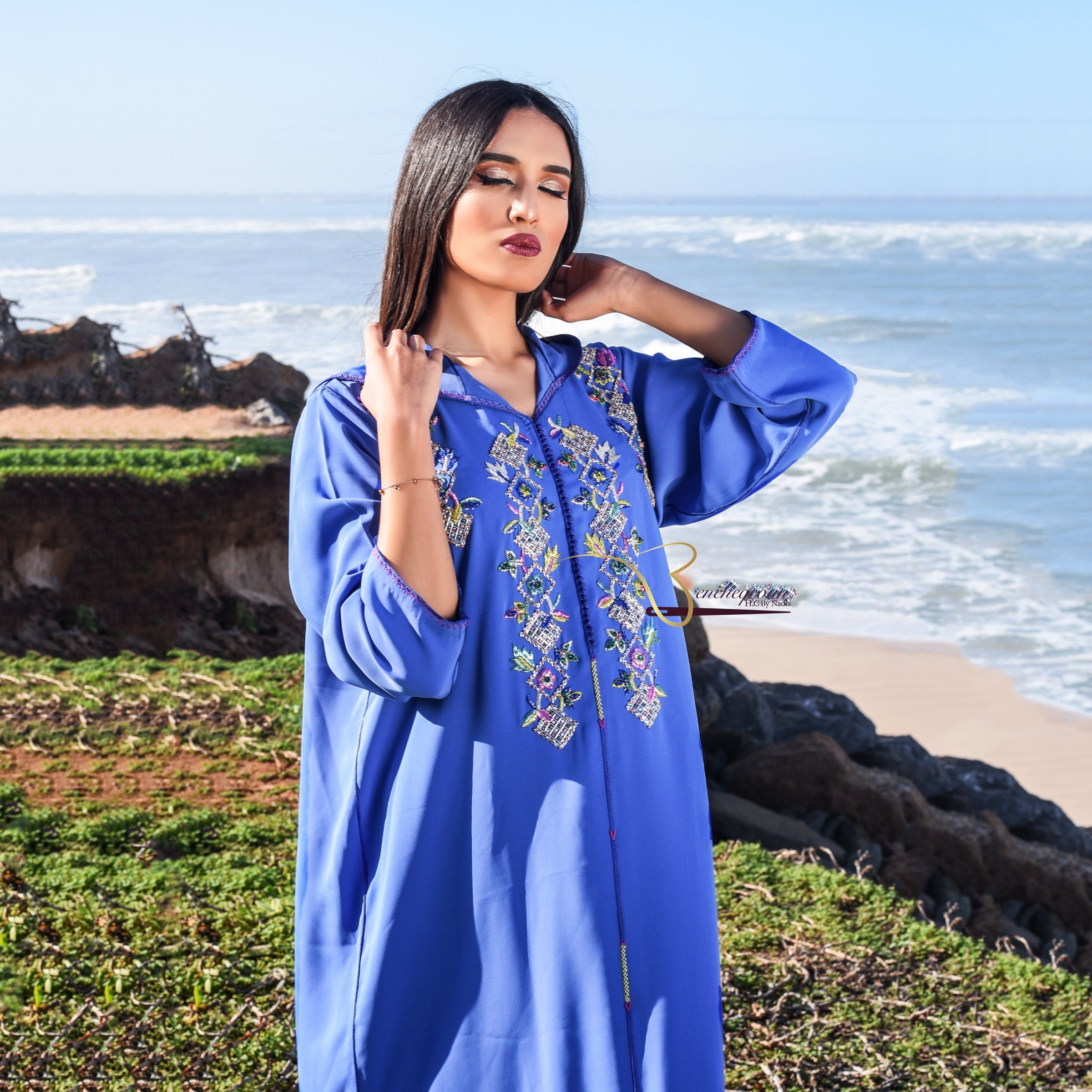 Light Blue Djellaba with Pearls