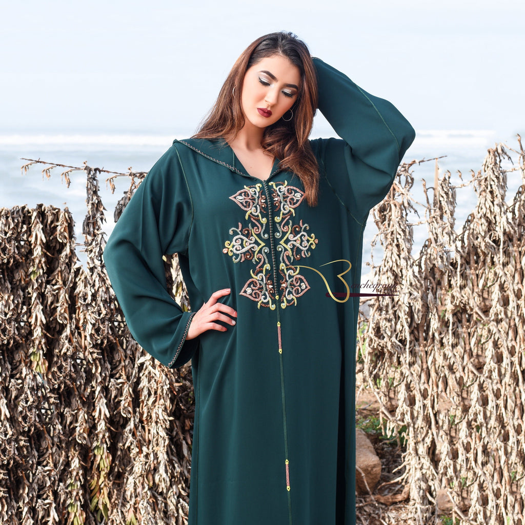 Dark Green Djellaba with Pearls