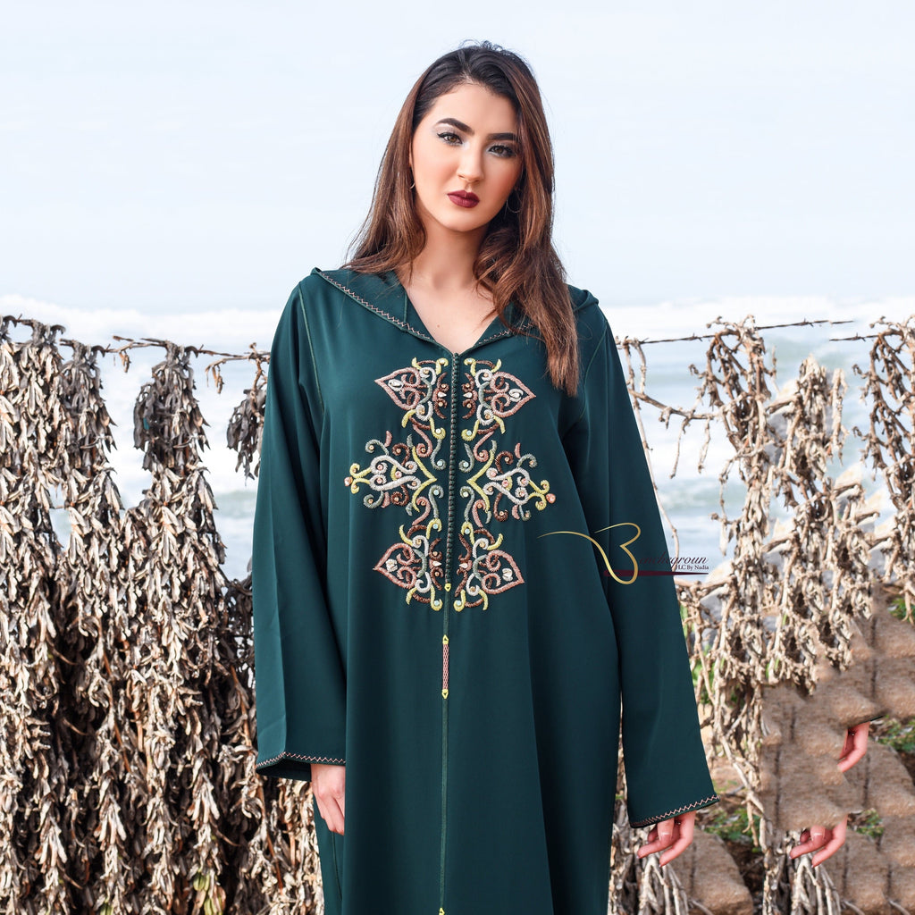 Dark Green Djellaba with Pearls