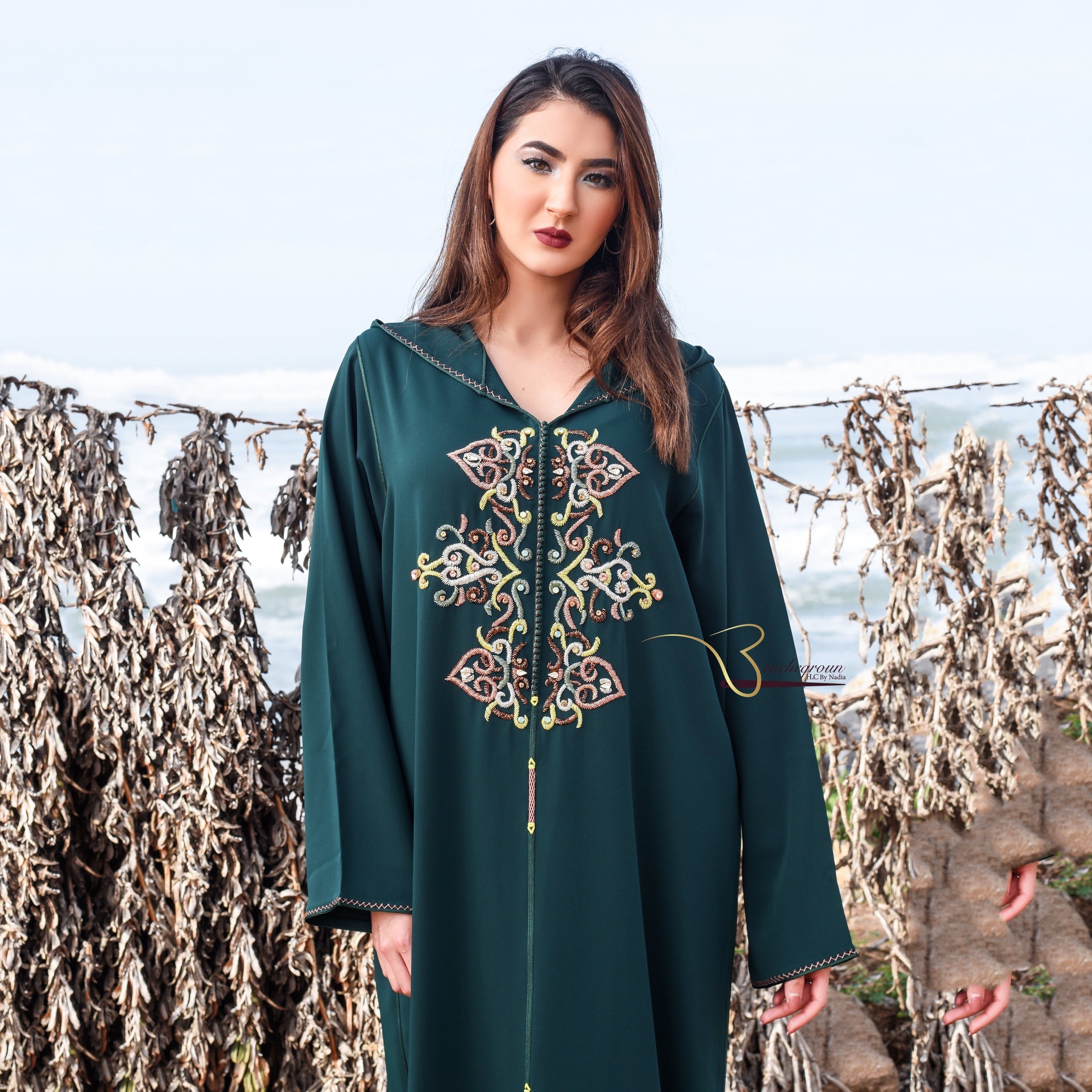 Dark Green Djellaba with Pearls