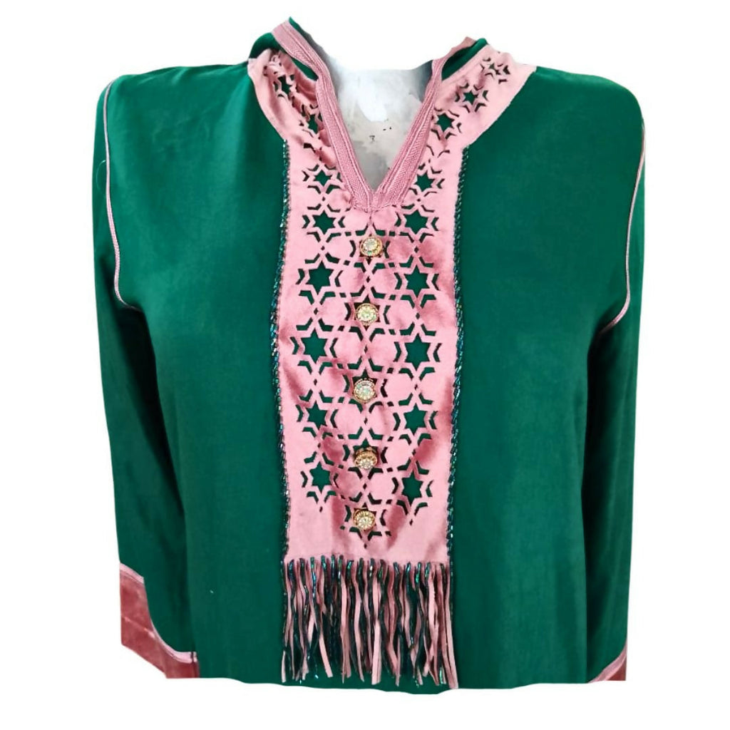 Elegant Moroccan Jellaba with Rectangular Pattern - Cream and Green