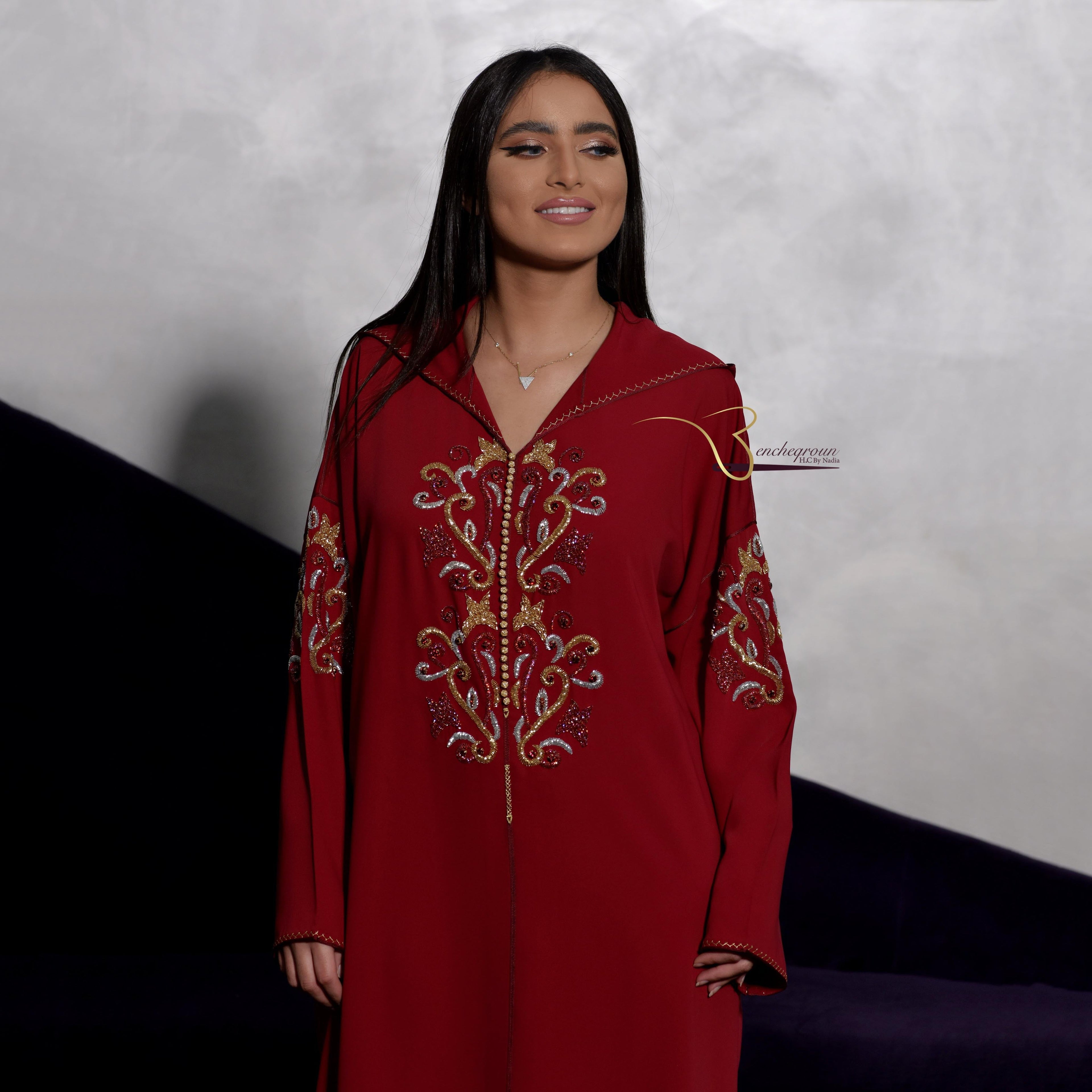 Deep Red Djellaba with Pearls