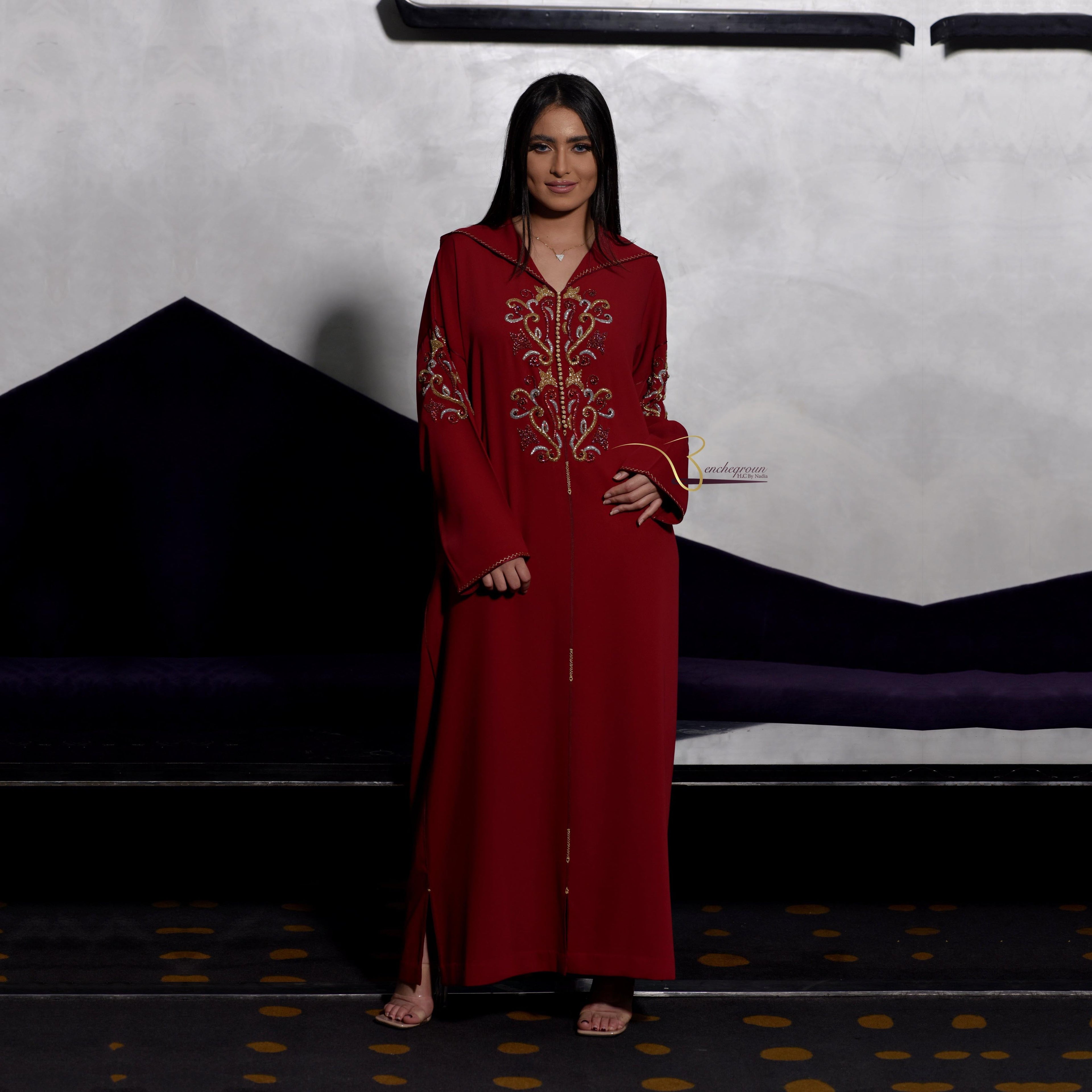 Deep Red Djellaba with Pearls