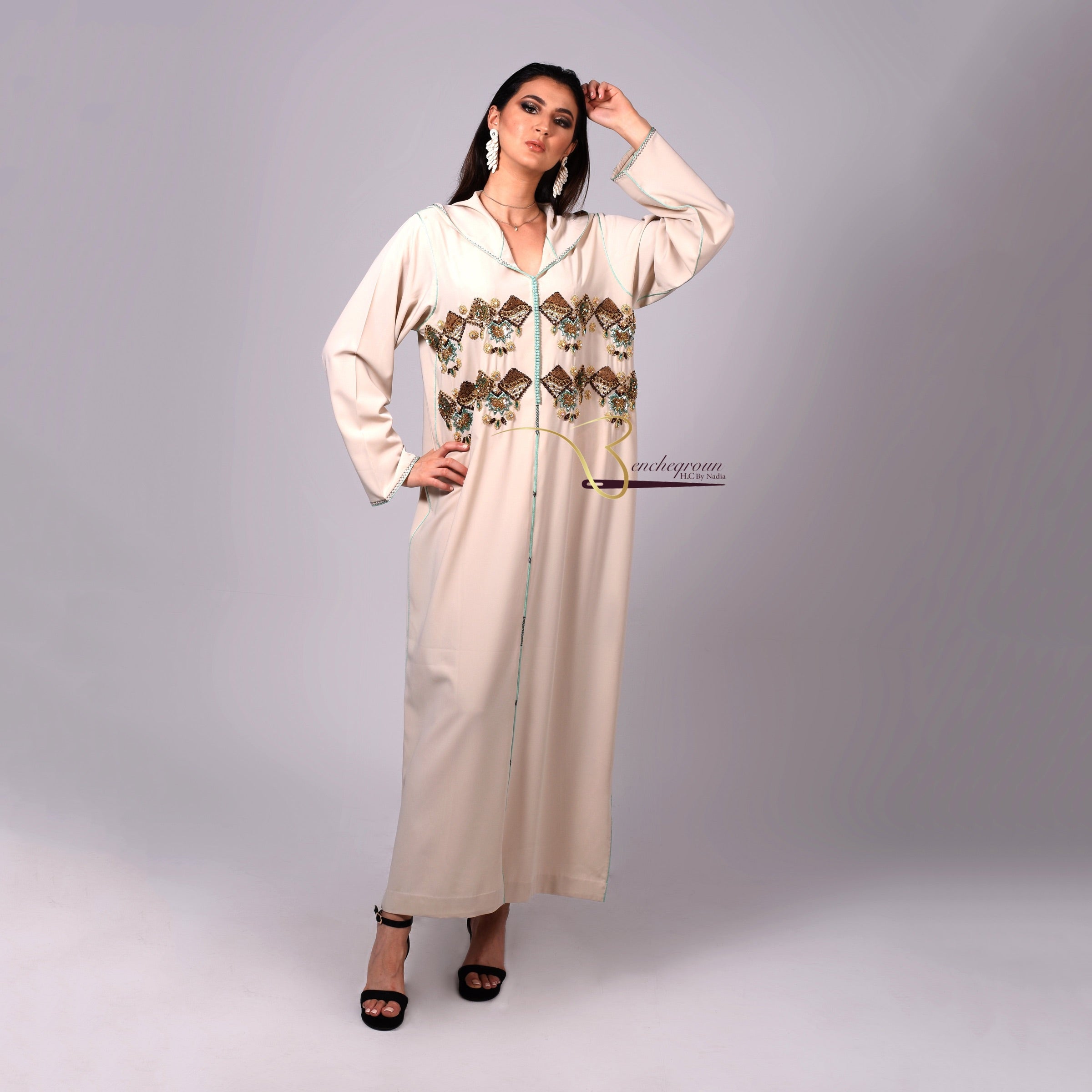 Off White Djellaba with Pearls