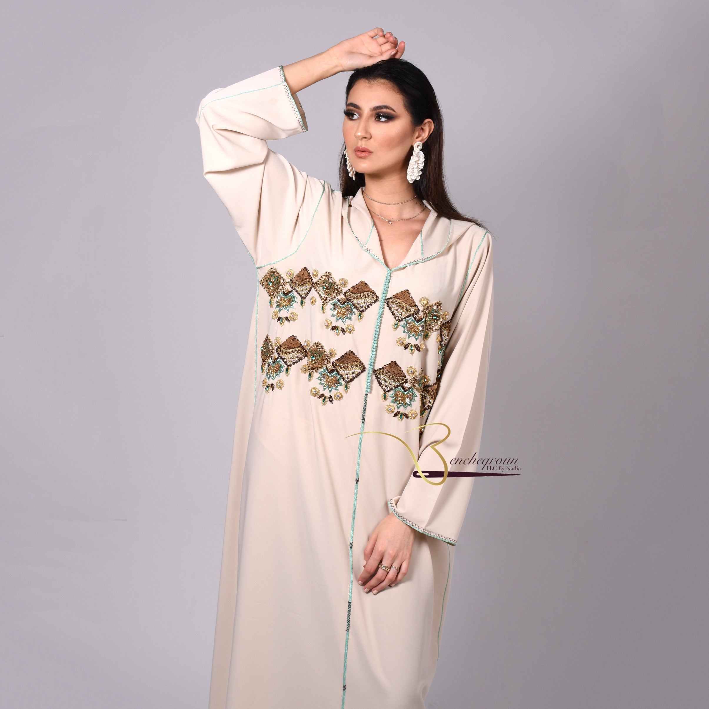 Off White Djellaba with Pearls