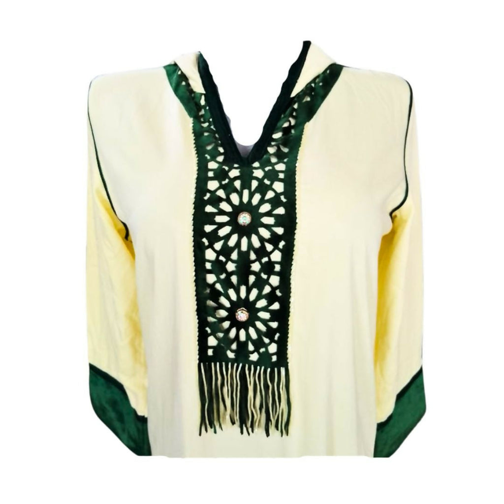 Elegant Moroccan Jellaba with Rectangular Pattern - Cream and Green