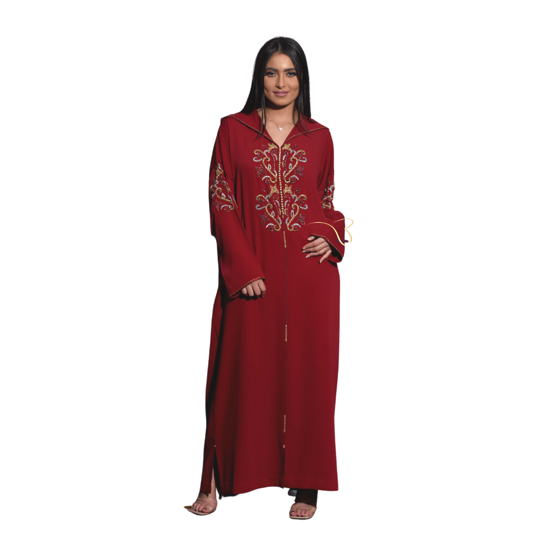 Deep Red Djellaba with Pearls