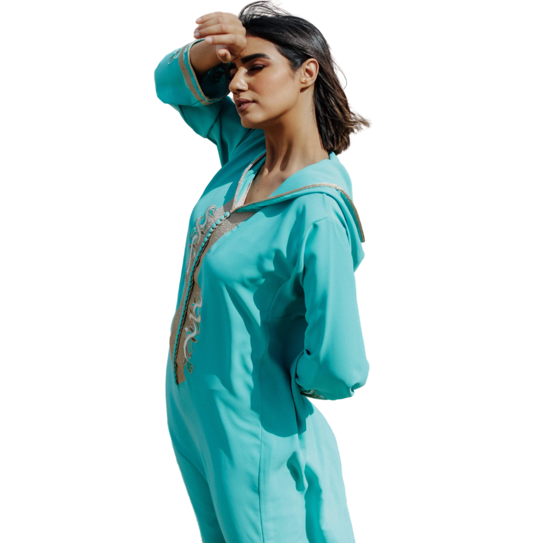 Gold and Aqua Djellaba Moroccan Dress
