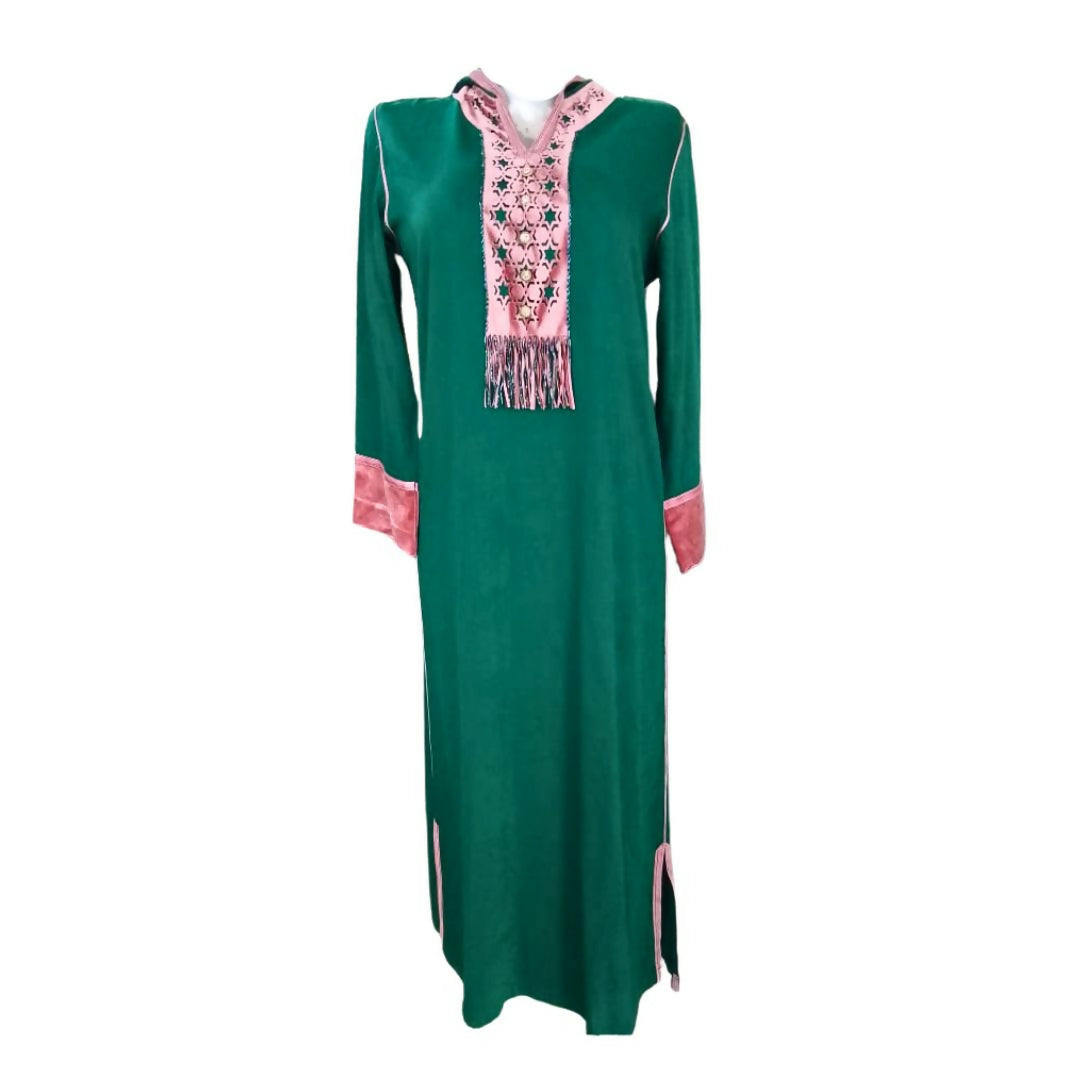 Elegant Moroccan Jellaba with Rectangular Pattern - Cream and Green