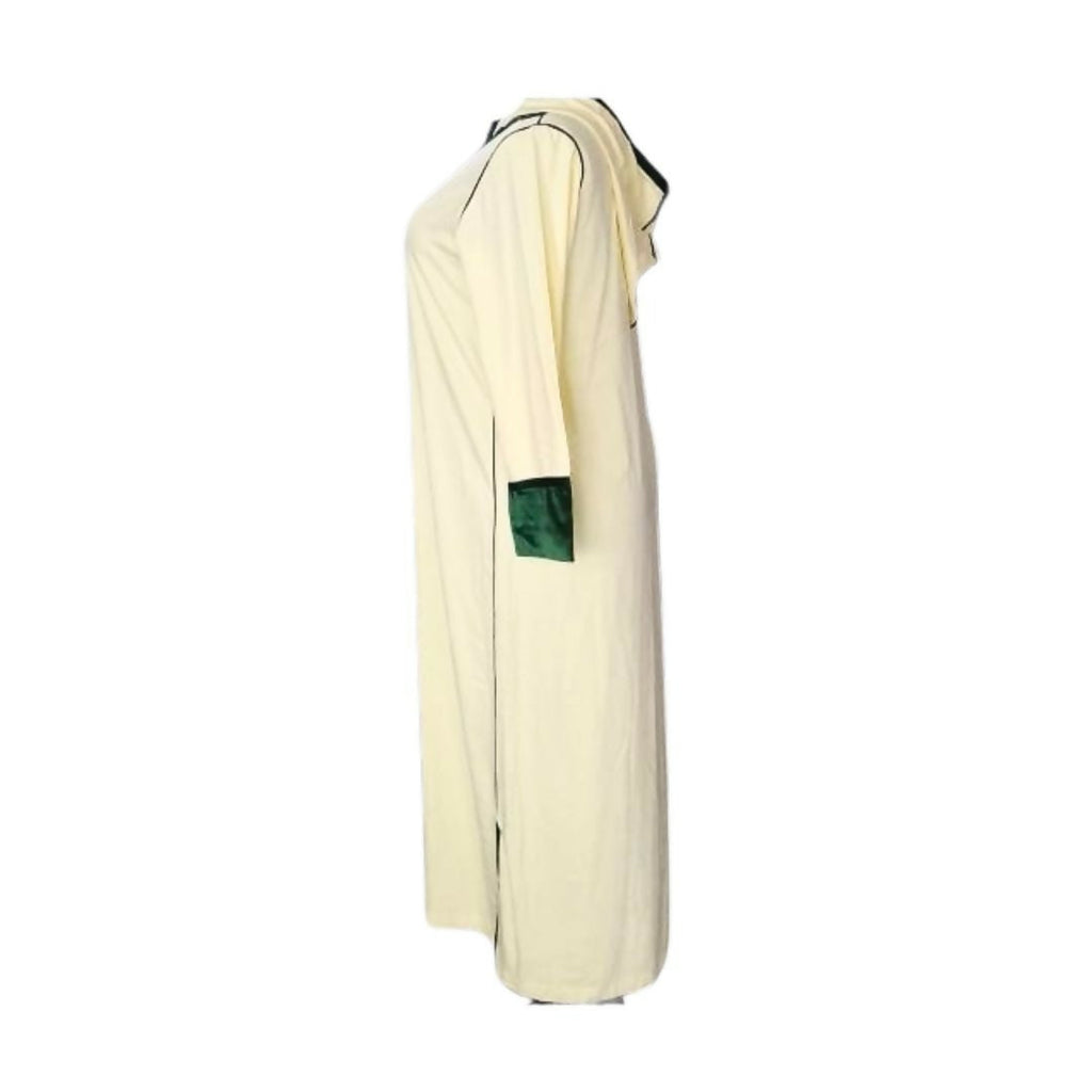 Elegant Moroccan Jellaba with Rectangular Pattern - Cream and Green