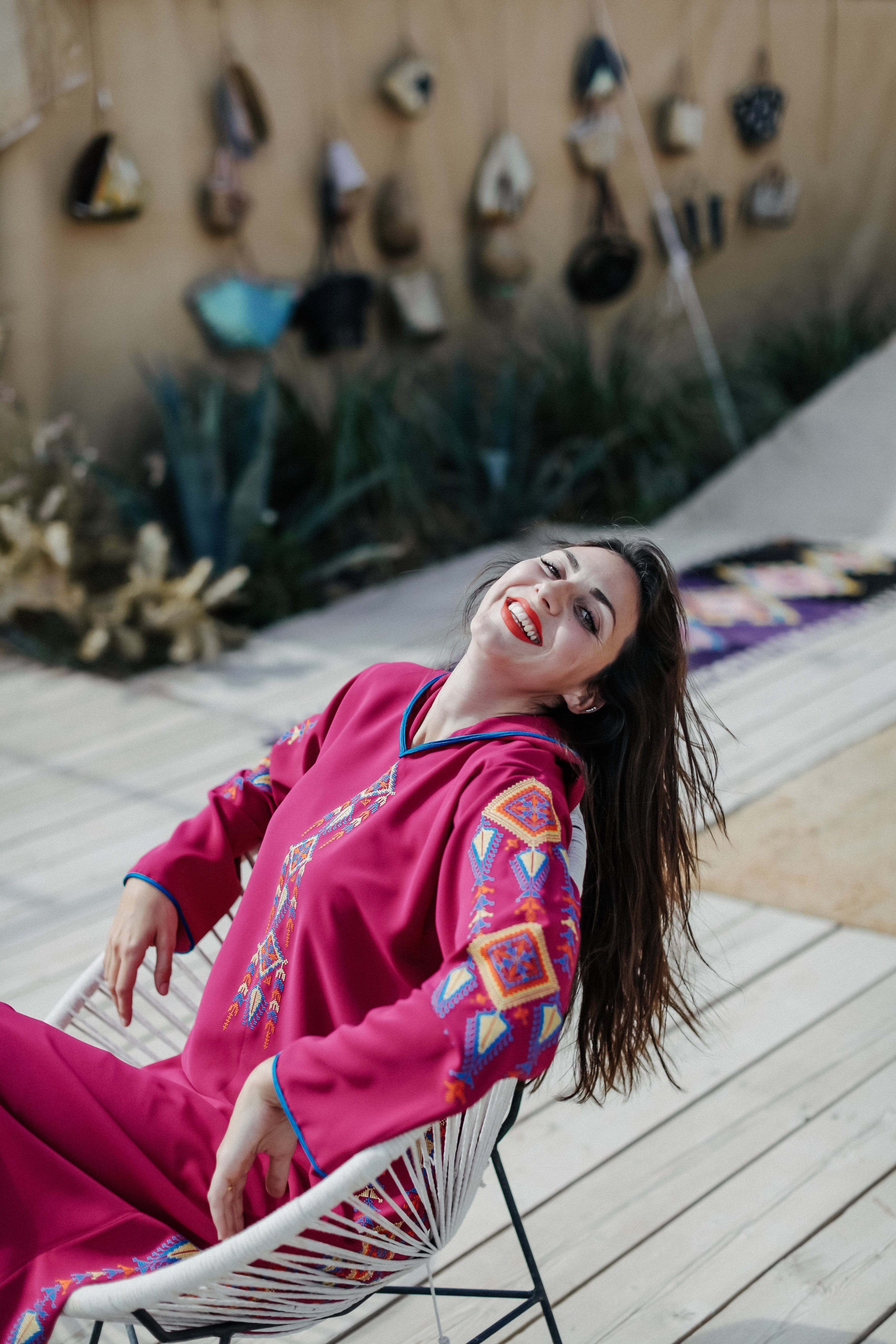 Dark Pink and Yellow Djellaba Moroccan Dress