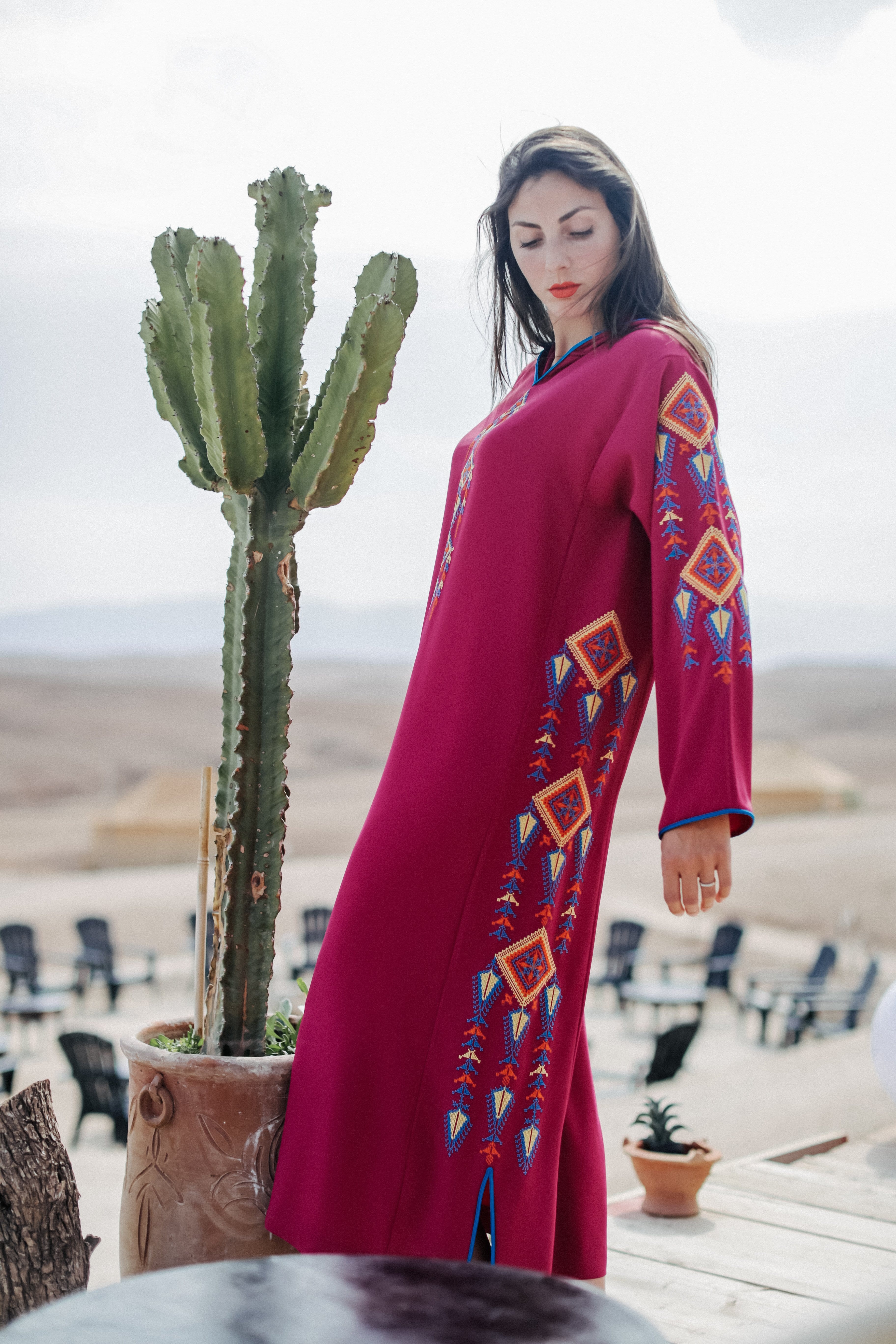 Dark Pink and Yellow Djellaba Moroccan Dress