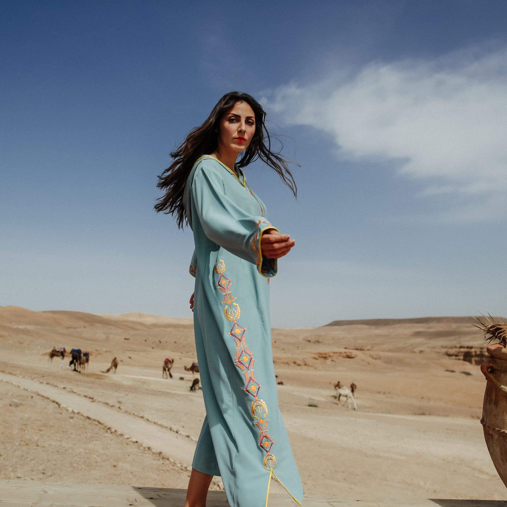 Light Blue and Yellow Djellaba Moroccan Dress