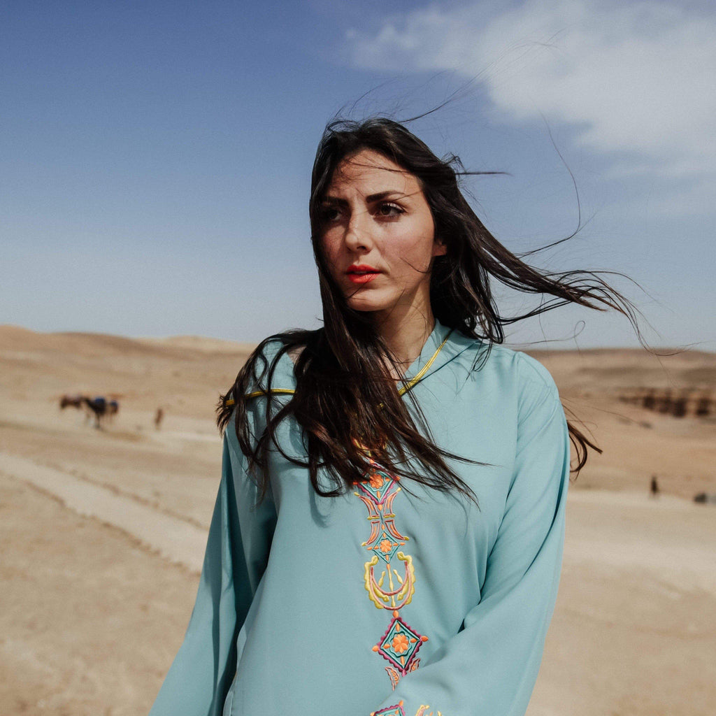 Light Blue and Yellow Djellaba Moroccan Dress