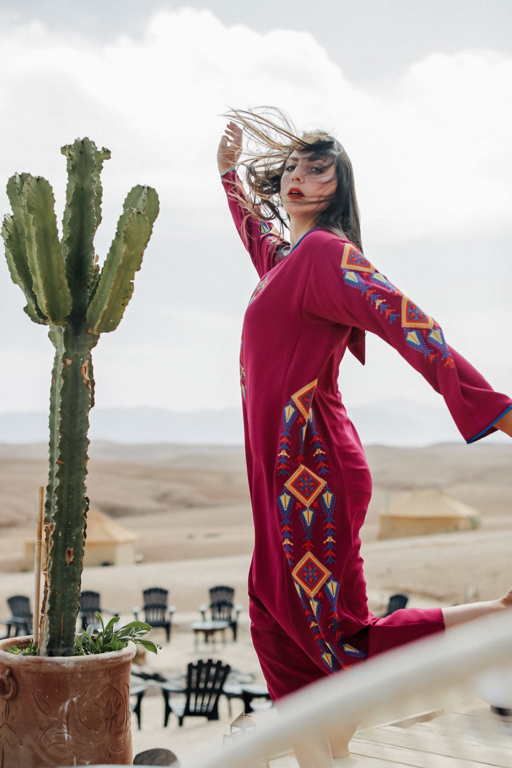 Dark Pink and Yellow Djellaba Moroccan Dress