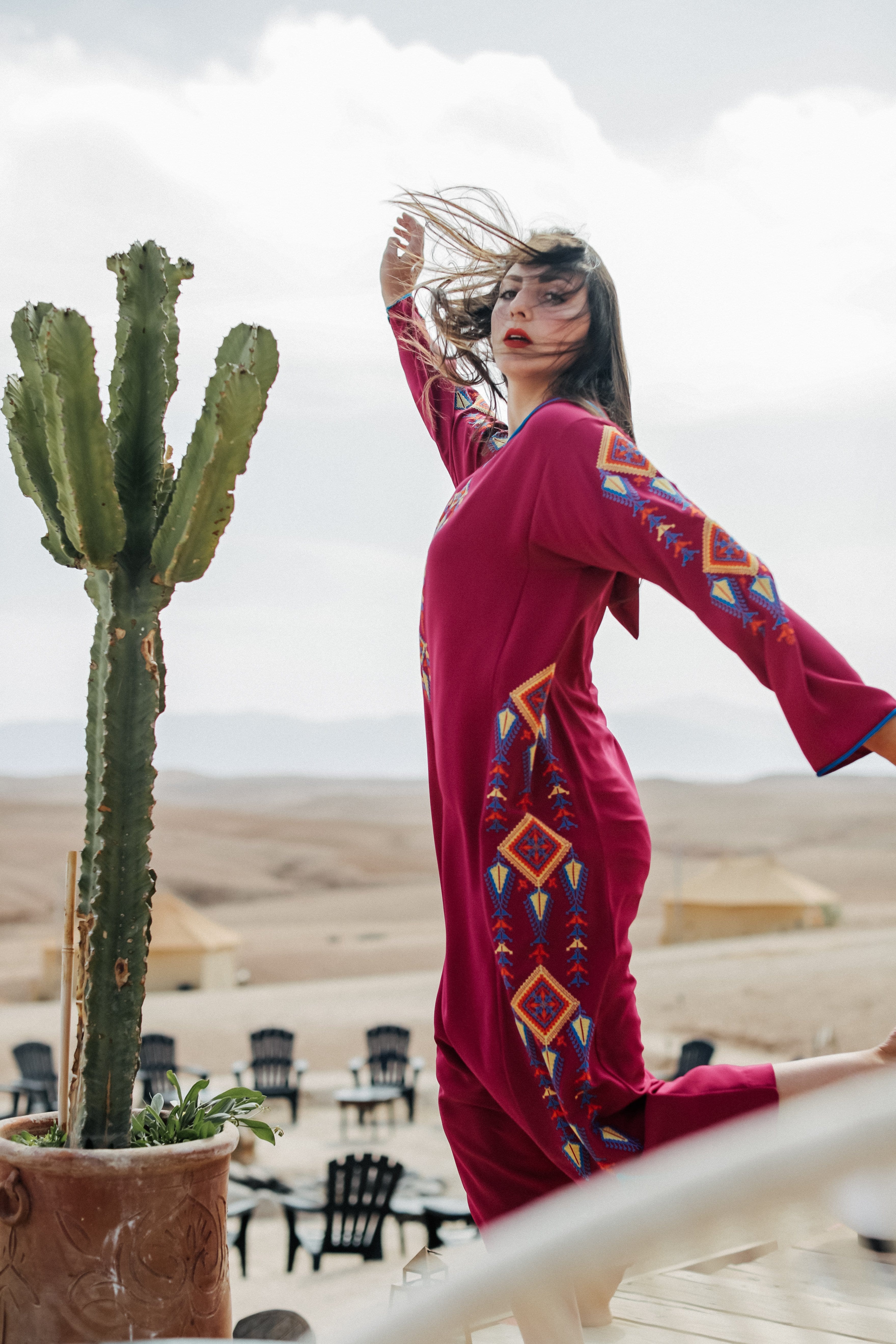 Dark Pink and Yellow Djellaba Moroccan Dress