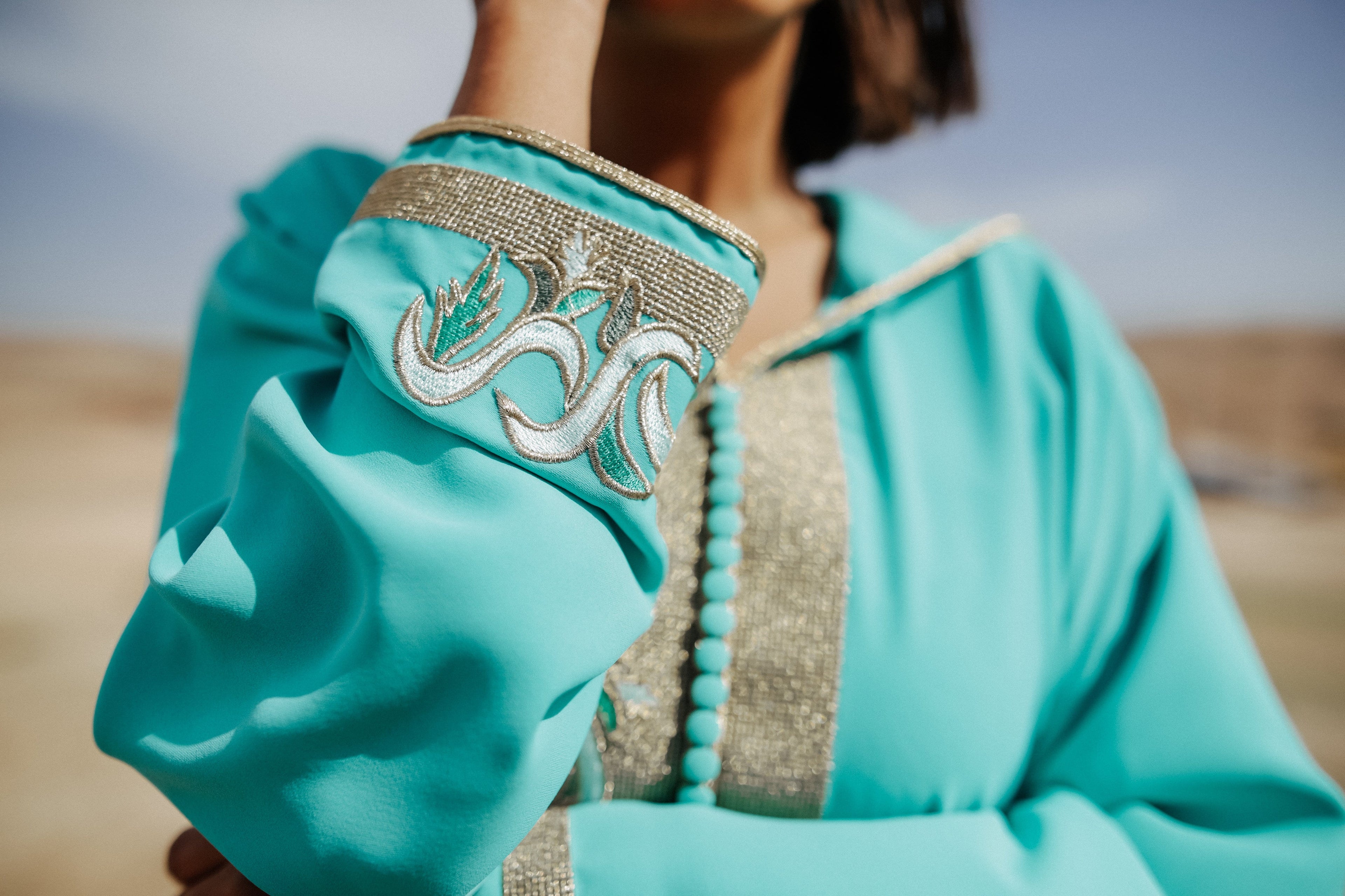 Gold and Aqua Djellaba Moroccan Dress
