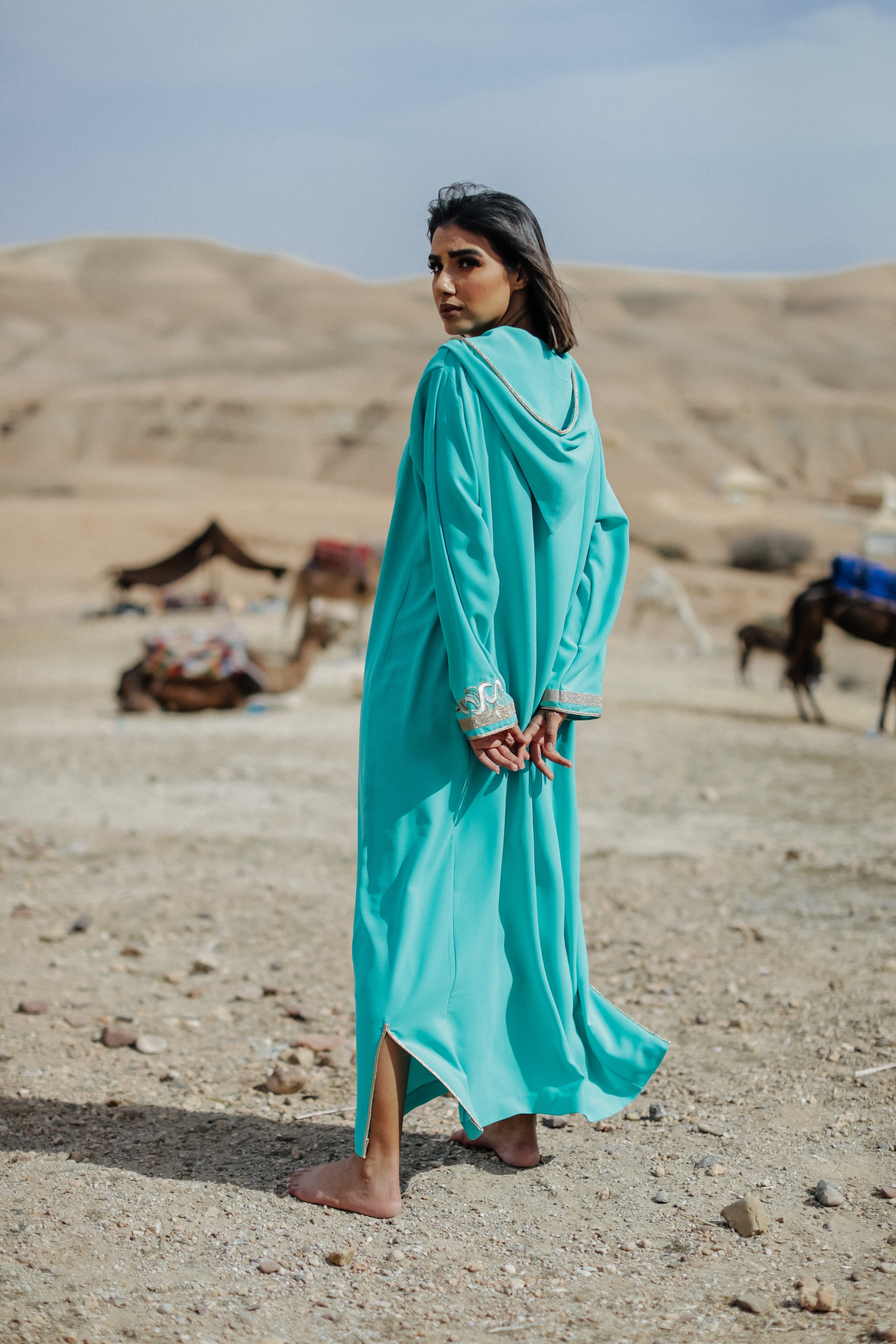 Gold and Aqua Djellaba Moroccan Dress