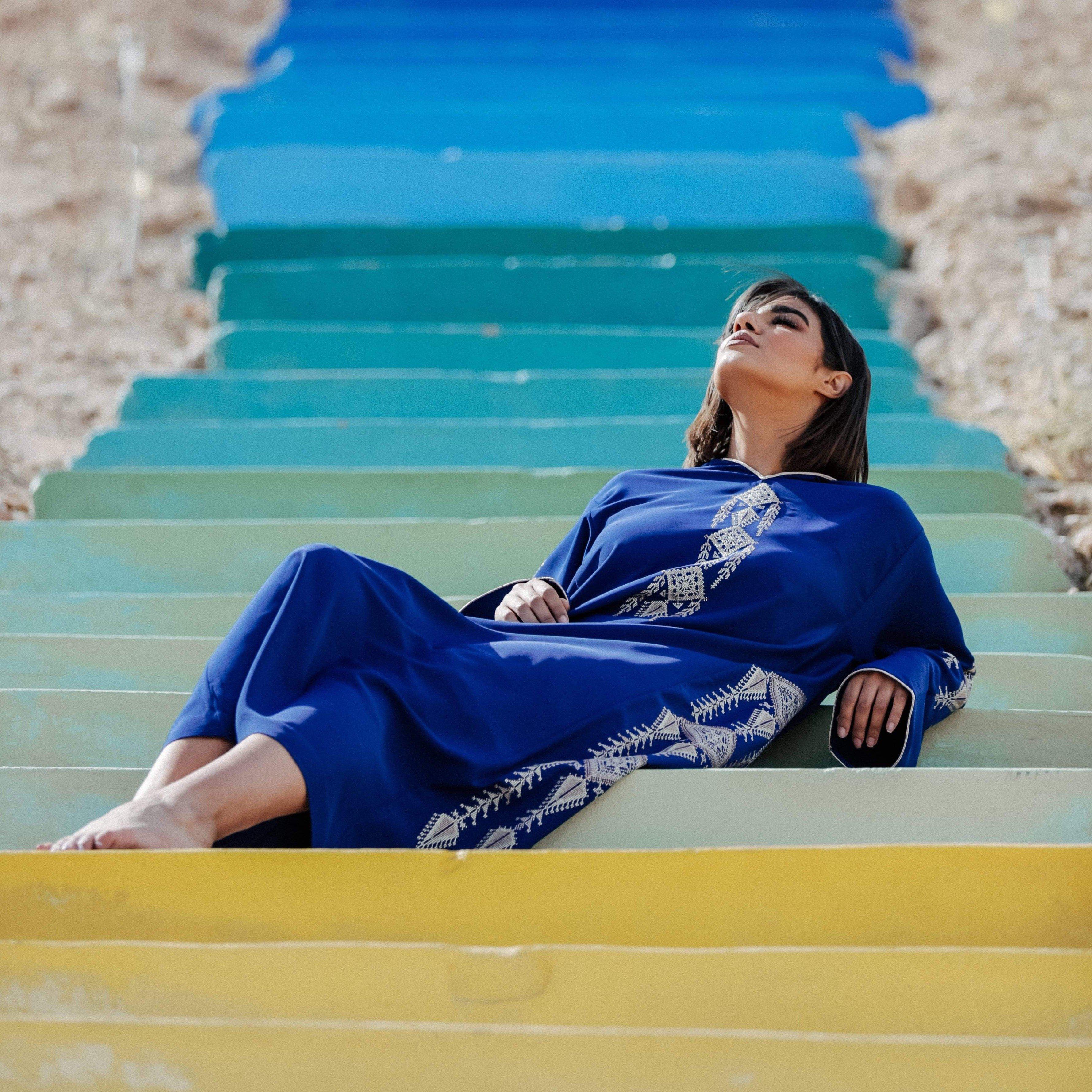 Silver and Blue Djellaba Moroccan Dress