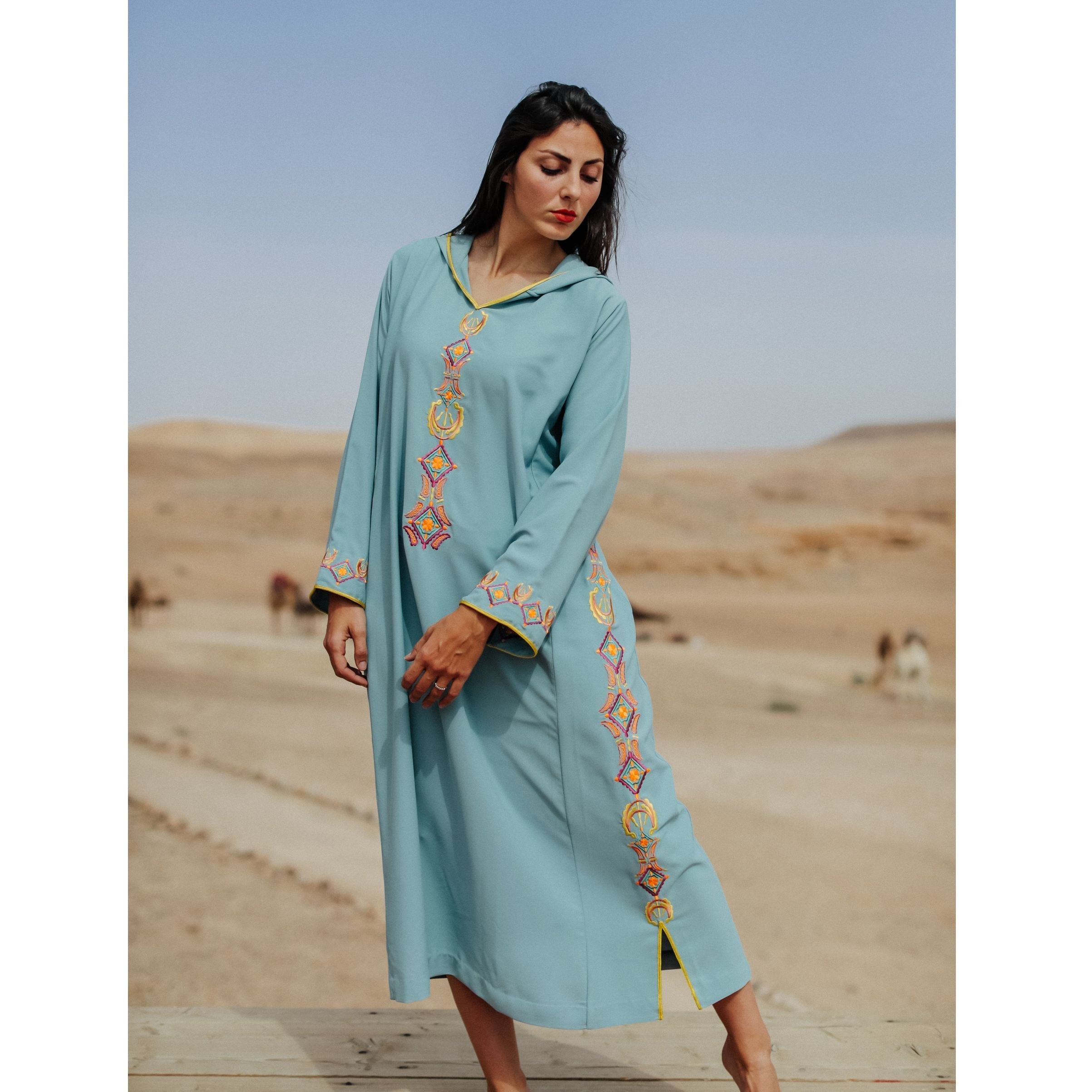 Light Blue and Yellow Djellaba Moroccan Dress