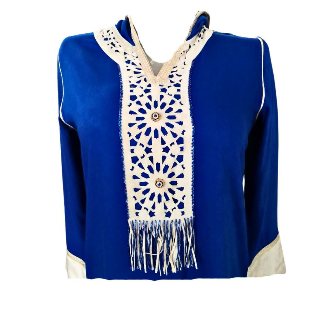 Elegant Moroccan Jellaba with Rectangular Pattern - Cream and Green